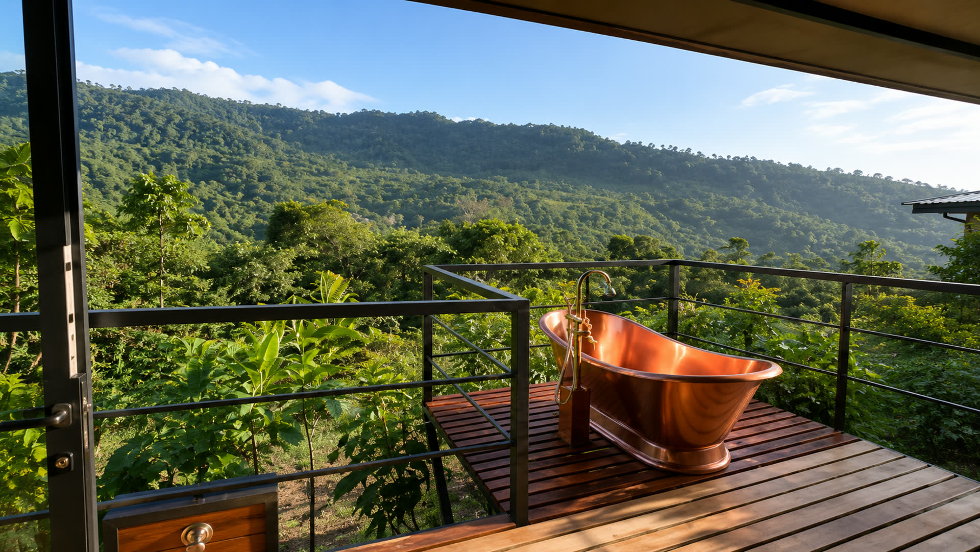 Bañera de cobre en un balcón privado con vista panorámica a la selva